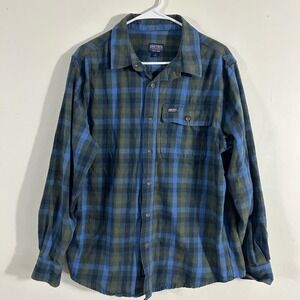 Smith's Workwear Flannel Shirt Mens L Green Blue Plaid Button Down L/S